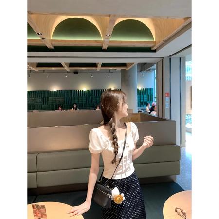 BY16261# 人棉泽西岛玫瑰温柔蕾丝方领花苞袖短款上衣一字肩 服裝批發女裝批發服飾貨源