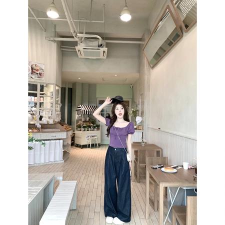 BY16261# 人棉泽西岛玫瑰温柔蕾丝方领花苞袖短款上衣一字肩 服裝批發女裝批發服飾貨源