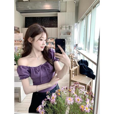 BY16261# 人棉泽西岛玫瑰温柔蕾丝方领花苞袖短款上衣一字肩 服裝批發女裝批發服飾貨源