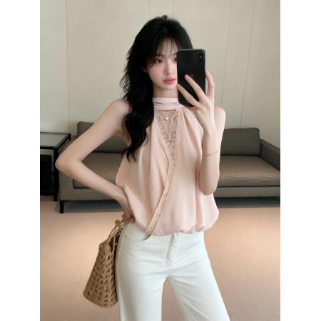 BY16268# 粉色纯欲雪纺衫挂脖上衣女法式无袖衬衫上衣 服裝批發女裝批發服飾貨源