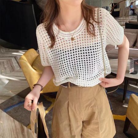 BY16276# 镂空短袖针织衫女装夏季薄款设计感小众别致独特宽松百搭罩衫上衣 服裝批發女裝批發服飾貨源