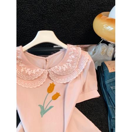 BY16278# 雪纺衬衫女新款法式别致刺绣蕾丝上衣短袖打底衫 服裝批發女裝批發服飾貨源