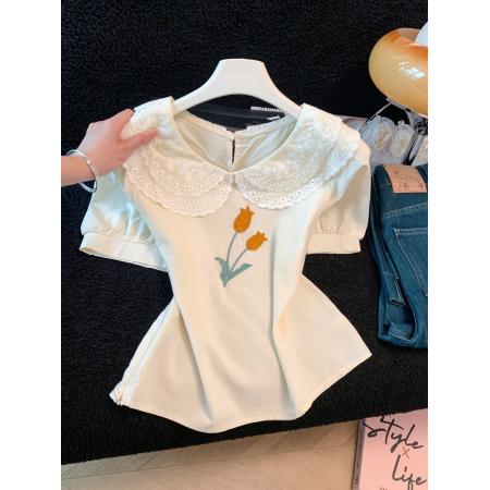 BY16278# 雪纺衬衫女新款法式别致刺绣蕾丝上衣短袖打底衫 服裝批發女裝批發服飾貨源