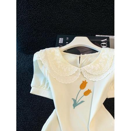 BY16278# 雪纺衬衫女新款法式别致刺绣蕾丝上衣短袖打底衫 服裝批發女裝批發服飾貨源