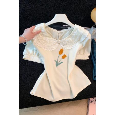 BY16278# 雪纺衬衫女新款法式别致刺绣蕾丝上衣短袖打底衫 服裝批發女裝批發服飾貨源