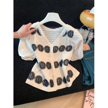 BY16279# 镂空钩花短袖...