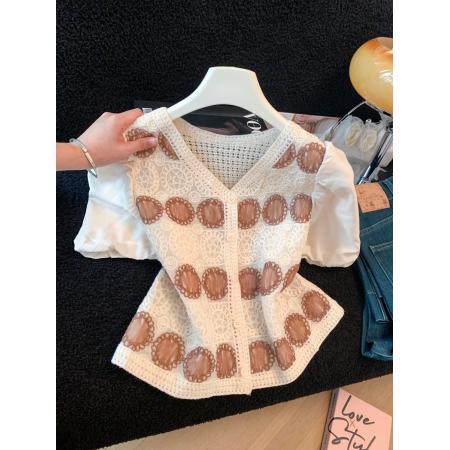 BY16279# 镂空钩花短袖夏季新款韩版V领开衫短款泡泡袖气质上衣 服裝批發女裝批發服飾貨源