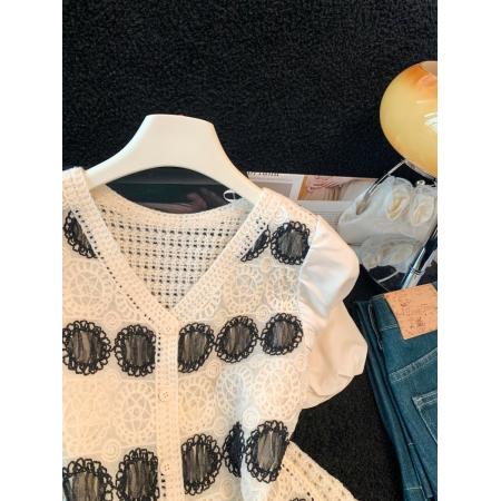 BY16279# 镂空钩花短袖夏季新款韩版V领开衫短款泡泡袖气质上衣 服裝批發女裝批發服飾貨源