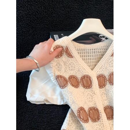 BY16279# 镂空钩花短袖夏季新款韩版V领开衫短款泡泡袖气质上衣 服裝批發女裝批發服飾貨源