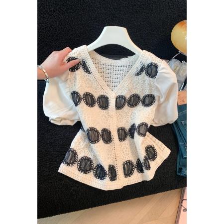 BY16279# 镂空钩花短袖夏季新款韩版V领开衫短款泡泡袖气质上衣 服裝批發女裝批發服飾貨源