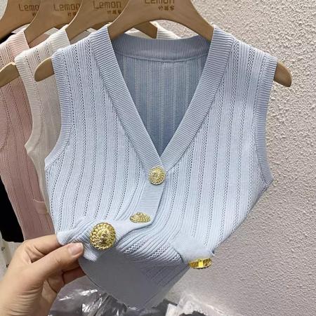 BY16280# 春夏法式冰丝针织马甲背心女外穿修身短款小香风V领无袖上衣 服裝批發女裝批發服飾貨源