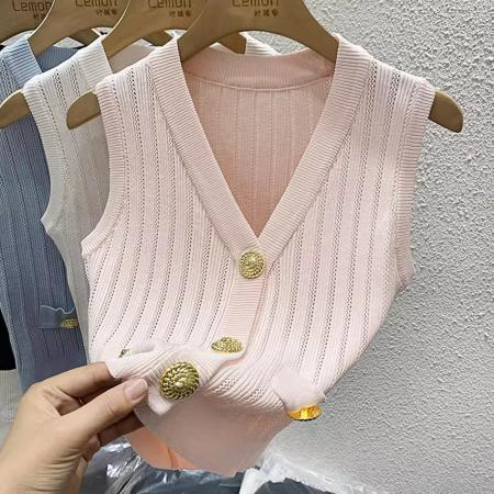 BY16280# 春夏法式冰丝针织马甲背心女外穿修身短款小香风V领无袖上衣 服裝批發女裝批發服飾貨源