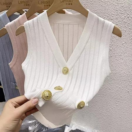 BY16280# 春夏法式冰丝针织马甲背心女外穿修身短款小香风V领无袖上衣 服裝批發女裝批發服飾貨源