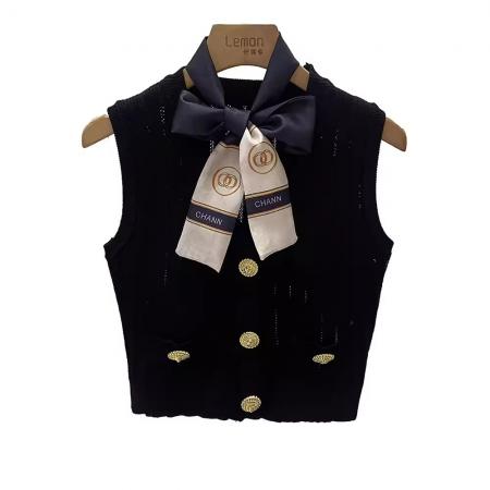 BY16280# 春夏法式冰丝针织马甲背心女外穿修身短款小香风V领无袖上衣 服裝批發女裝批發服飾貨源