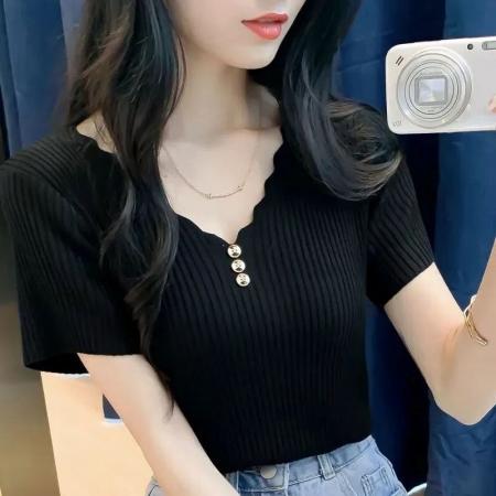 BY16282# 冰丝短袖t恤女装夏季新款修身短款韩版纽扣V领针织打底衫薄款上衣 服裝批發女裝批發服飾貨源