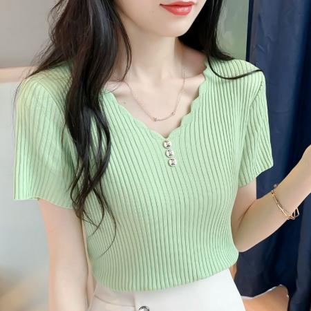 BY16282# 冰丝短袖t恤女装夏季新款修身短款韩版纽扣V领针织打底衫薄款上衣 服裝批發女裝批發服飾貨源