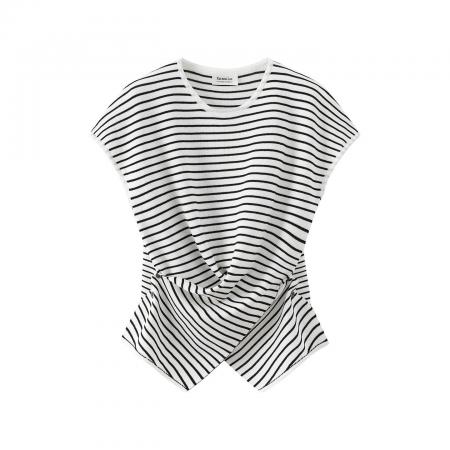 BY16283# 通勤简约韩系条纹针织衫夏设计感侧边纽扣交叉收腰显瘦上衣不规则 服裝批發女裝批發服飾貨源