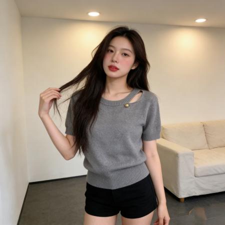 BY16286# 夏季新款女士时尚减龄冰丝薄款上衣超好看紫色圆领短袖针织衫 服裝批發女裝批發服飾貨源