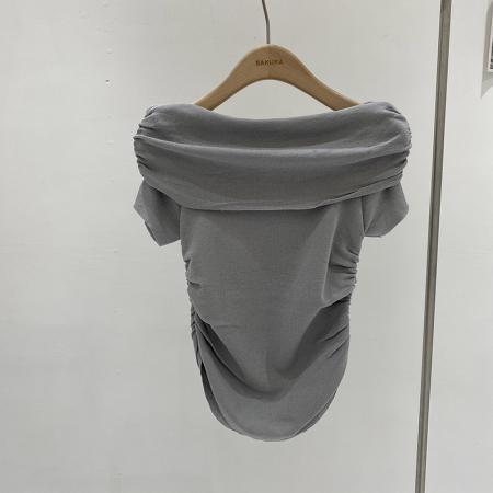 BY16290# 夏季新款韩版褶皱翻边一字领紧身显瘦纯色短款露肩针织小衫 服裝批發女裝批發服飾貨源