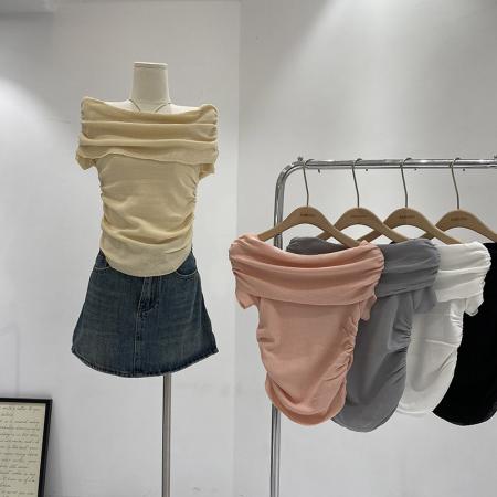 BY16290# 夏季新款韩版褶皱翻边一字领紧身显瘦纯色短款露肩针织小衫 服裝批發女裝批發服飾貨源