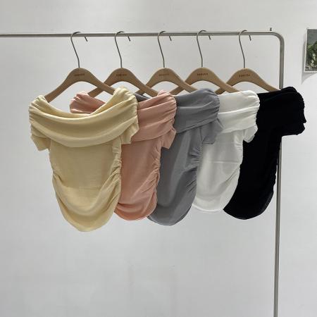 BY16290# 夏季新款韩版褶皱翻边一字领紧身显瘦纯色短款露肩针织小衫 服裝批發女裝批發服飾貨源