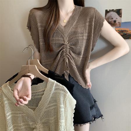 BY16292# 女装遮肚冰丝针织V领皱褶抽绳背心女MM设计感小众显瘦上衣 服裝批發女裝批發服飾貨源