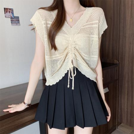 BY16292# 女装遮肚冰丝针织V领皱褶抽绳背心女MM设计感小众显瘦上衣 服裝批發女裝批發服飾貨源