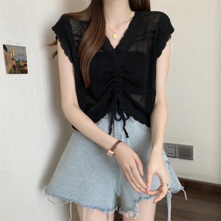 BY16292# 女装遮肚冰丝针织V领皱褶抽绳背心女MM设计感小众显瘦上衣 服裝批發女裝批發服飾貨源