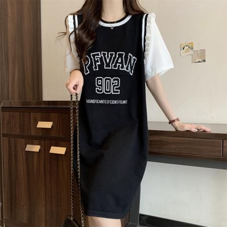 BY16293# 假两件大码针织连衣裙女夏装新款胖mm宽松显瘦休闲直筒t恤裙 服裝批發女裝批發服飾貨源