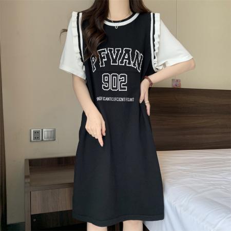 BY16293# 假两件大码针织连衣裙女夏装新款胖mm宽松显瘦休闲直筒t恤裙 服裝批發女裝批發服飾貨源