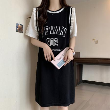 BY16293# 假两件大码针织连衣裙女夏装新款胖mm宽松显瘦休闲直筒t恤裙 服裝批發女裝批發服飾貨源