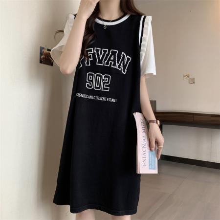 BY16293# 假两件大码针织连衣裙女夏装新款胖mm宽松显瘦休闲直筒t恤裙 服裝批發女裝批發服飾貨源