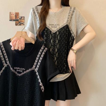BY16294# 新款大码胖MM设计感假两件小众拼接蕾丝显瘦百搭上衣 服裝批發女裝批發服飾貨源