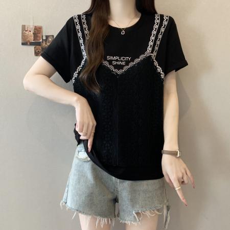 BY16294# 新款大码胖MM设计感假两件小众拼接蕾丝显瘦百搭上衣 服裝批發女裝批發服飾貨源