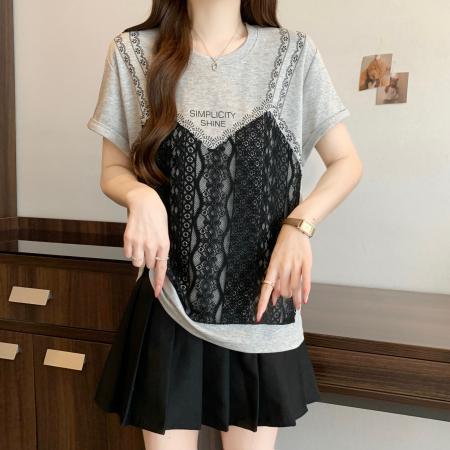 BY16294# 新款大码胖MM设计感假两件小众拼接蕾丝显瘦百搭上衣 服裝批發女裝批發服飾貨源