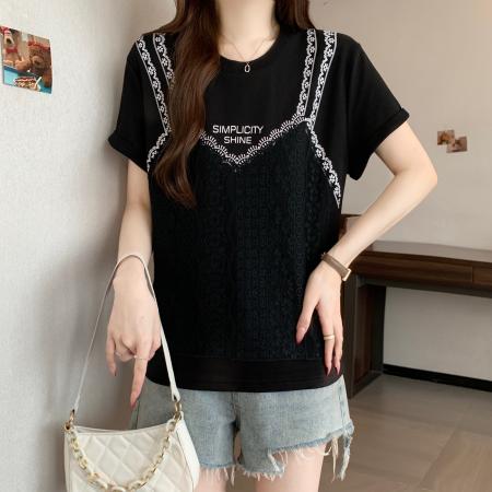 BY16294# 新款大码胖MM设计感假两件小众拼接蕾丝显瘦百搭上衣 服裝批發女裝批發服飾貨源