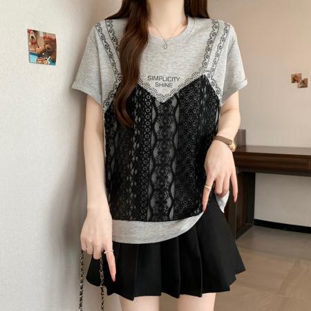 BY16294# 新款大码胖MM设计感假两件小众拼接蕾丝显瘦百搭上衣 服裝批發女裝批發服飾貨源