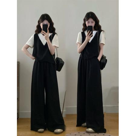 BY16295# 新款大码女装胖MM夏款时尚设计感假两件显瘦上衣+阔腿裤 服裝批發女裝批發服飾貨源