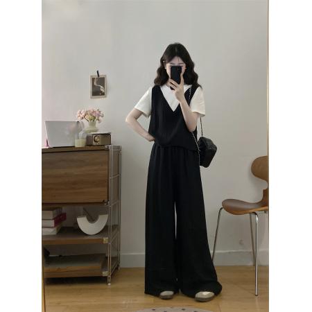 BY16295# 新款大码女装胖MM夏款时尚设计感假两件显瘦上衣+阔腿裤 服裝批發女裝批發服飾貨源