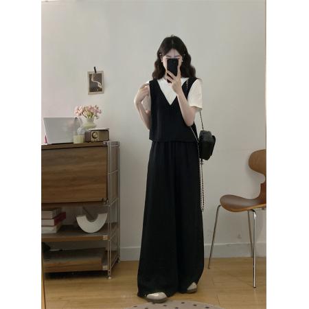 BY16295# 新款大码女装胖MM夏款时尚设计感假两件显瘦上衣+阔腿裤 服裝批發女裝批發服飾貨源