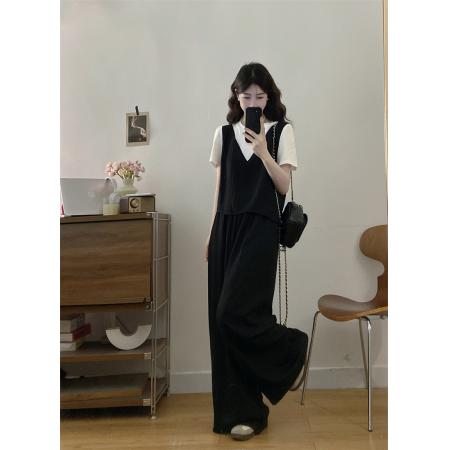 BY16295# 新款大码女装胖MM夏款时尚设计感假两件显瘦上衣+阔腿裤 服裝批發女裝批發服飾貨源