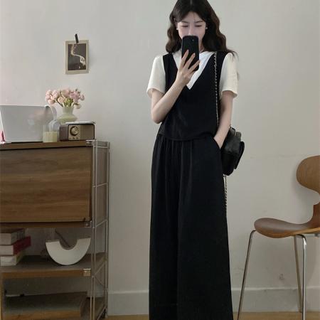 BY16295# 新款大码女装胖MM夏款时尚设计感假两件显瘦上衣+阔腿裤 服裝批發女裝批發服飾貨源