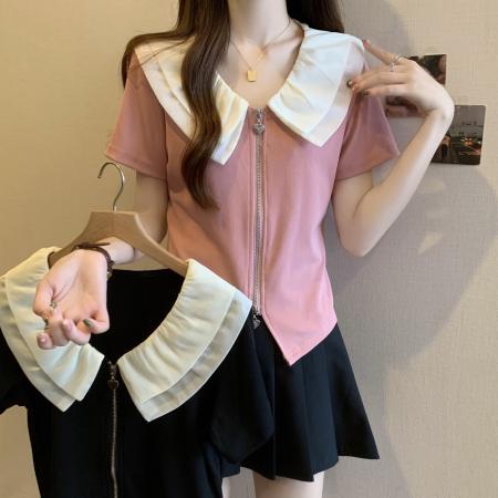 BY16296# 夏款胖MM撞色双领设计感时尚百搭上衣纯欲风修身T恤 服裝批發女裝批發服飾貨源