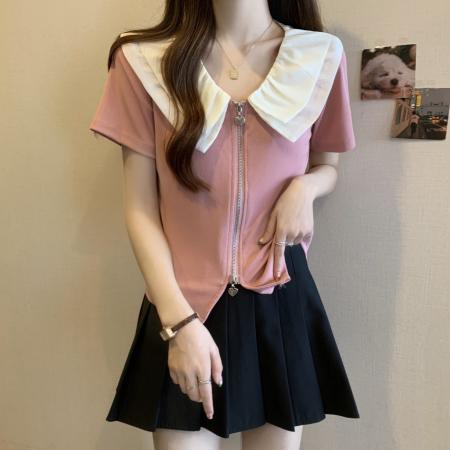 BY16296# 夏款胖MM撞色双领设计感时尚百搭上衣纯欲风修身T恤 服裝批發女裝批發服飾貨源
