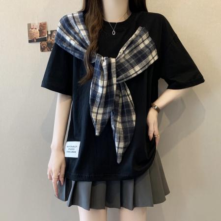 BY16297# 新款大码胖MM美式设计感蝴蝶结拼接宽松显瘦潮牌百搭上衣 服裝批發女裝批發服飾貨源