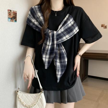 BY16297# 新款大码胖MM美式设计感蝴蝶结拼接宽松显瘦潮牌百搭上衣 服裝批發女裝批發服飾貨源