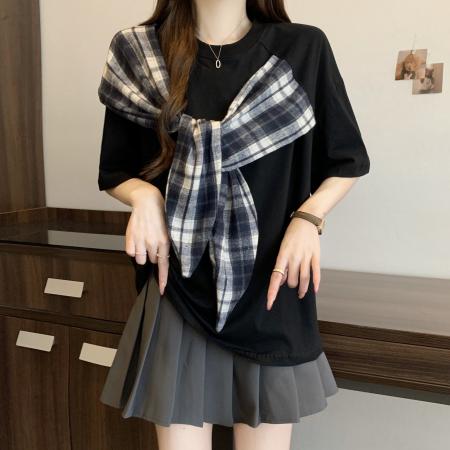 BY16297# 新款大码胖MM美式设计感蝴蝶结拼接宽松显瘦潮牌百搭上衣 服裝批發女裝批發服飾貨源