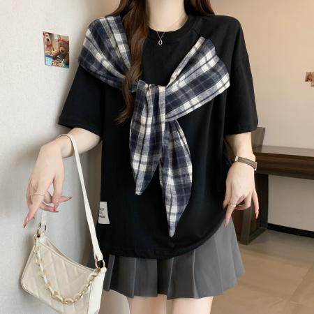 BY16297# 新款大码胖MM美式设计感蝴蝶结拼接宽松显瘦潮牌百搭上衣 服裝批發女裝批發服飾貨源