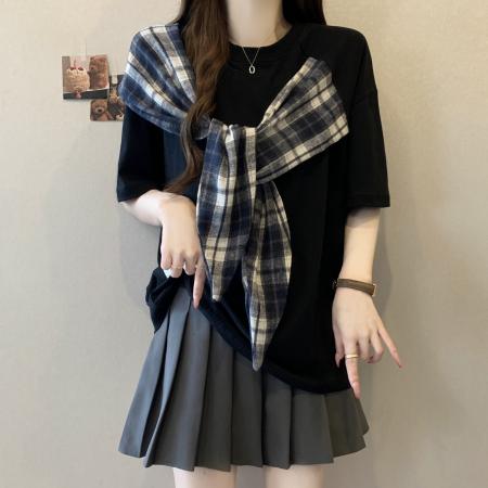 BY16297# 新款大码胖MM美式设计感蝴蝶结拼接宽松显瘦潮牌百搭上衣 服裝批發女裝批發服飾貨源