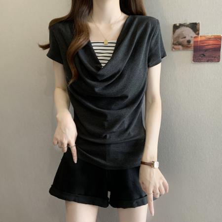 BY16299# 新款胖MM夏款时尚设计感小众假两件显瘦短袖上衣 服裝批發女裝批發服飾貨源